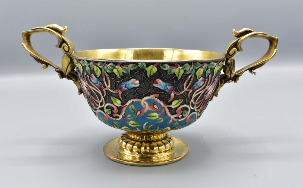 Appraisal: RUSSIAN SILVER AND ENAMELED TWO HANDLED KOVSHHallmarked A with emperor's