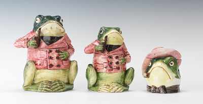 Appraisal: Three Majolica Frogs Smoking Motif Tobacco Humidors Porcelain humidors with