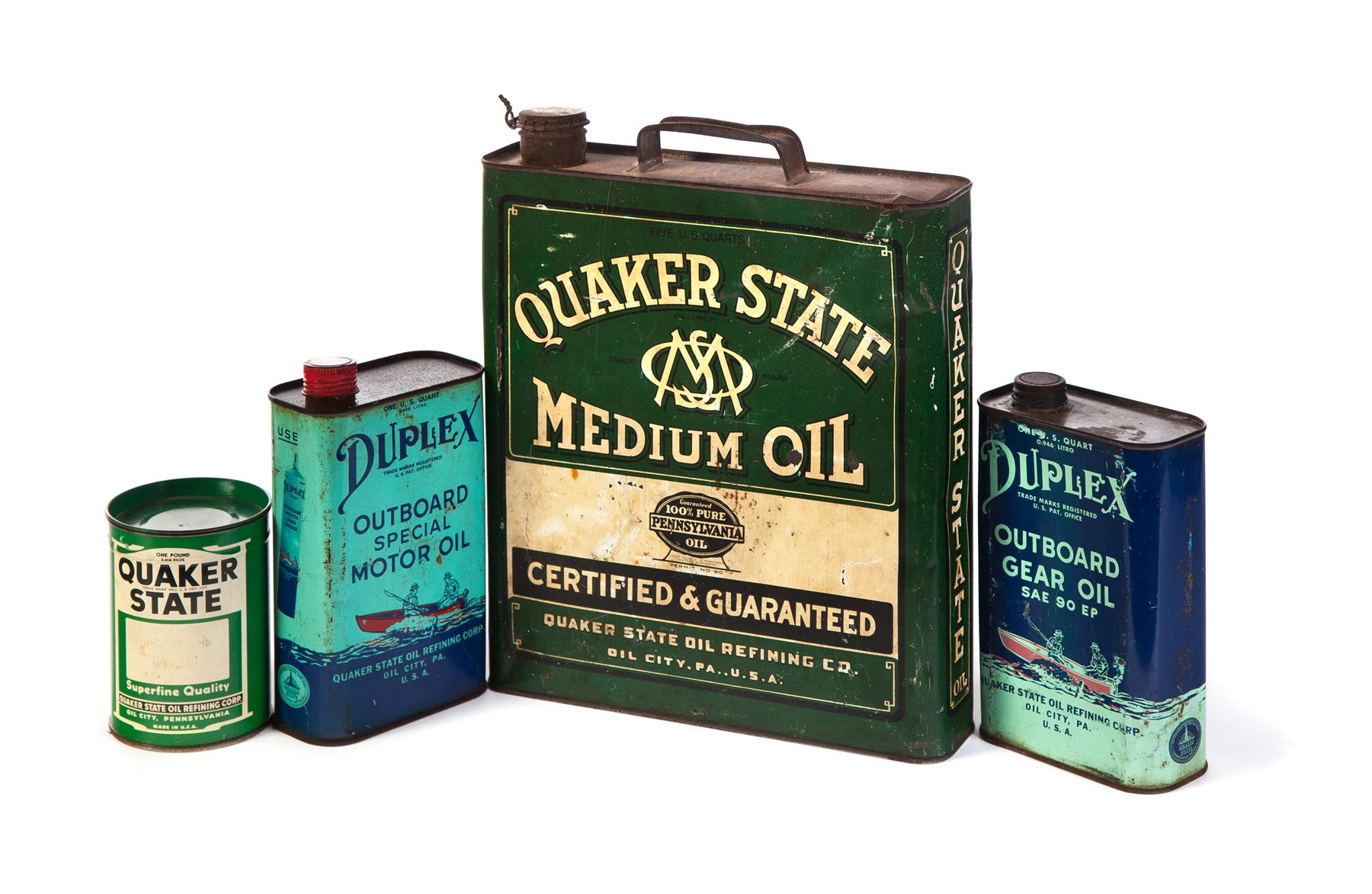 Appraisal: FOUR QUAKER STATE OIL CANS American mid th century One