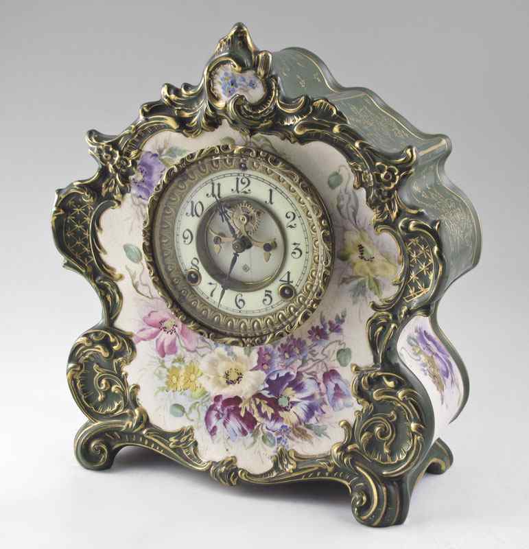 Appraisal: ANSONIA ROYAL BONN PORCELAIN CASE CLOCK ''La Vogue'' Royal Bonn