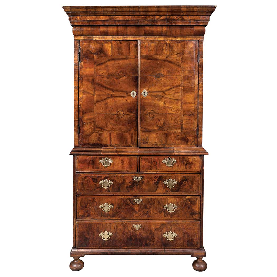 Appraisal: William III Inlaid Walnut Cabinet on Chest In two parts