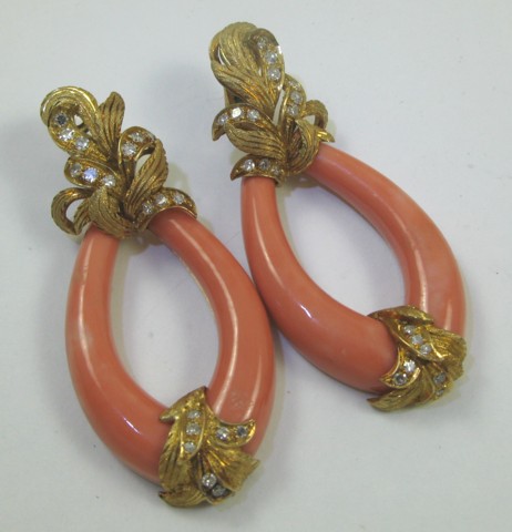 Appraisal: PAIR OF CORAL AND DIAMOND EARRINGS each - in length