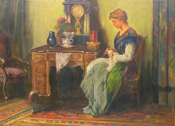 Appraisal: J Brunner th century A lady in an interior mending