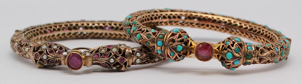 Appraisal: JEWELRY Mughal Gem-Set Gold Hinged Bracelets Includes an Indian Mughal