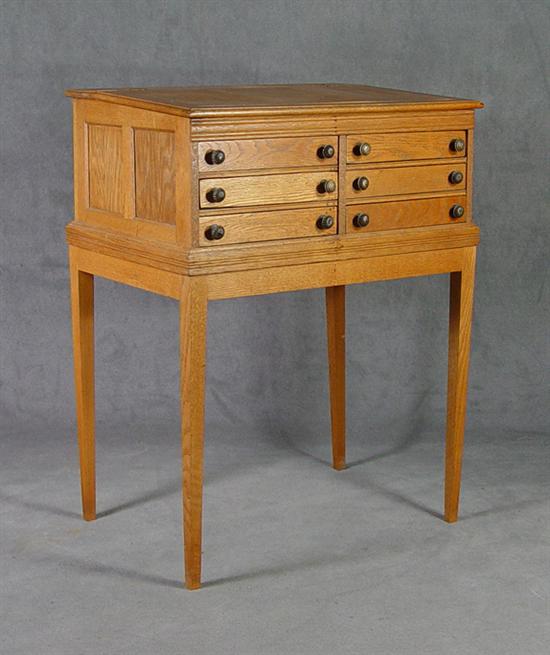 Appraisal: Golden Oak Spool Cabinet Schoolmaster's Desk on Stand Circa ONT