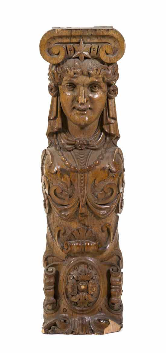 Appraisal: A Carved Figural Element of columnar form with female mask