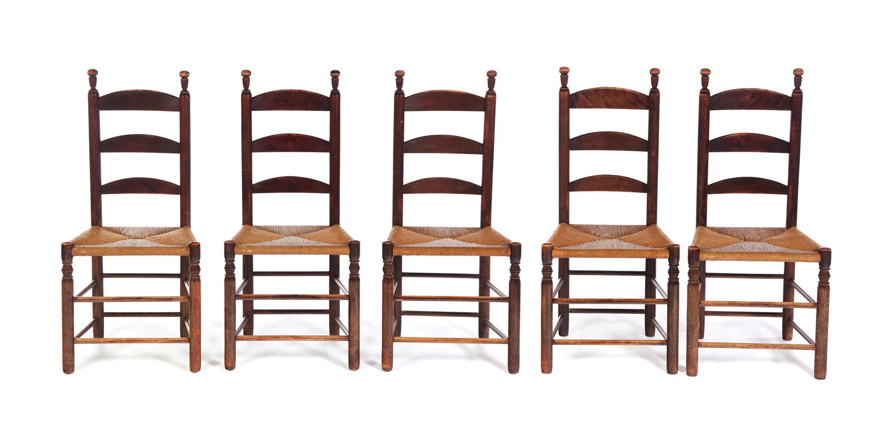 Appraisal: FIVE LADDERBACK SIDE CHAIRS Mid th century maple Turned legs