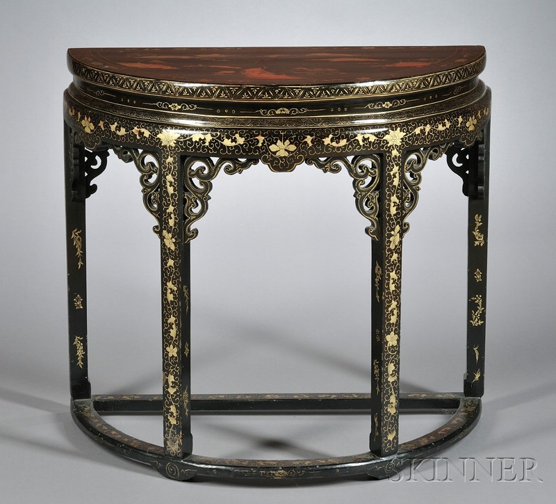 Appraisal: Demilune Table China early th century black lacquered surface with