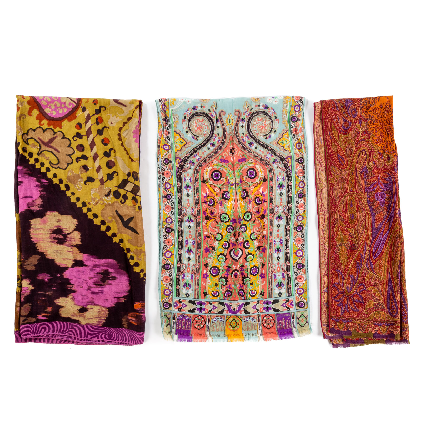 Appraisal: THREE ETRO SILK WOOL CASHMERE SCARVES A purple and multicolor