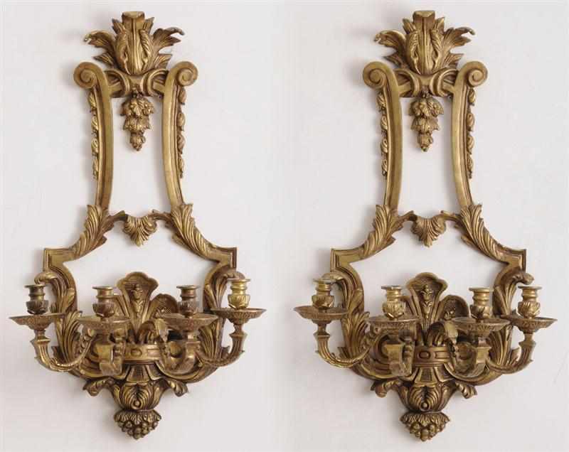 Appraisal: PAIR OF R GENCE STYLE GILT-BRONZE FOUR-LIGHT WALL APPLIQUES Each