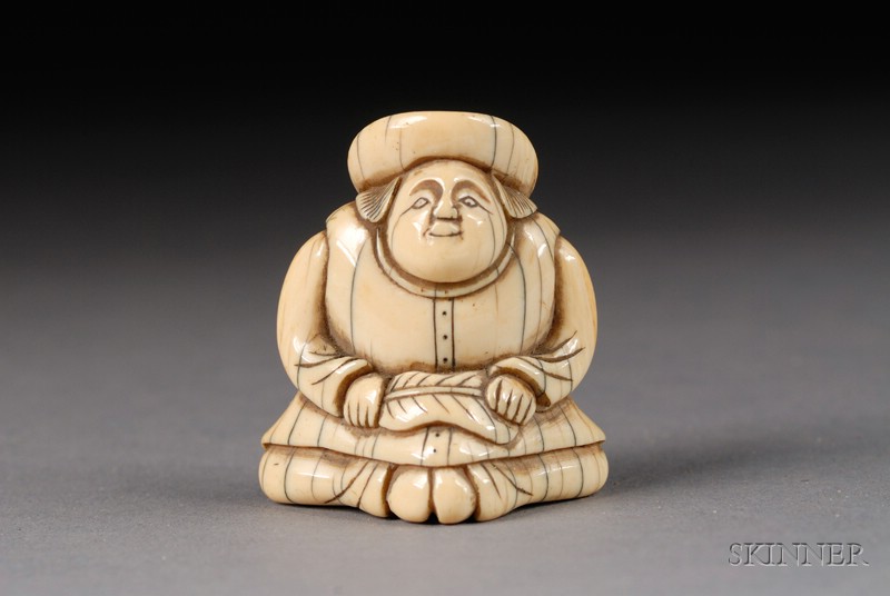 Appraisal: Ivory Netsuke th century carving of a seated foreigner holding