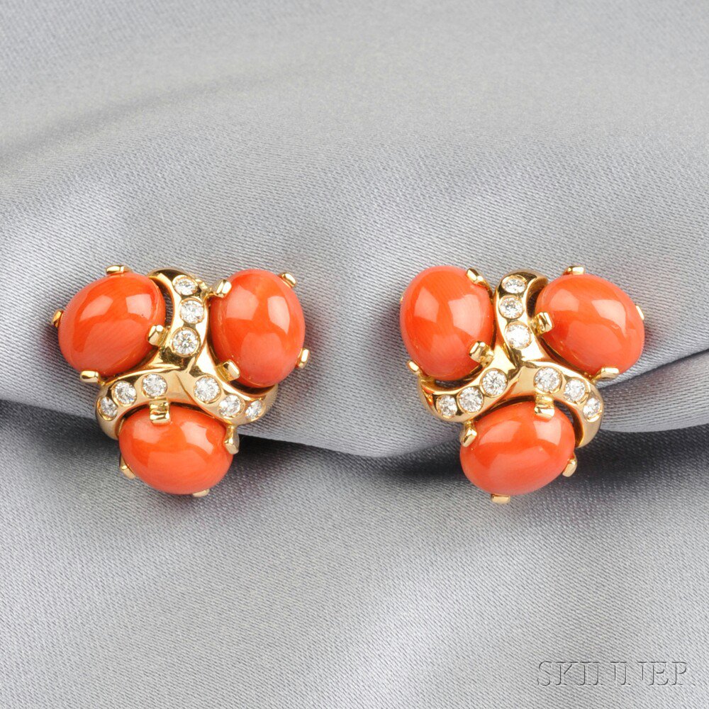 Appraisal: kt Gold Coral and Diamond Three Stone Earclips Verdura each