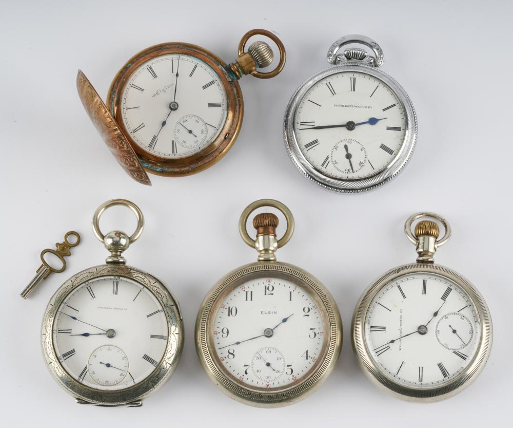 Appraisal: FIVE ELGIN POCKET WATCHES s silverine DUEDER hinged case with