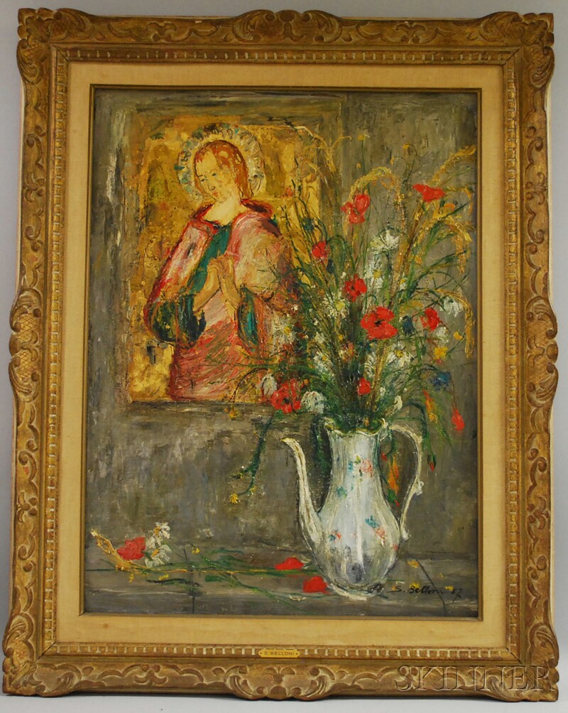 Appraisal: Serge Belloni Italian b Floral Still Life with Madonna Signed