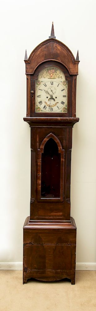 Appraisal: Neo-Gothic Mahogany Long Case Clock Painted dial unsigned x x