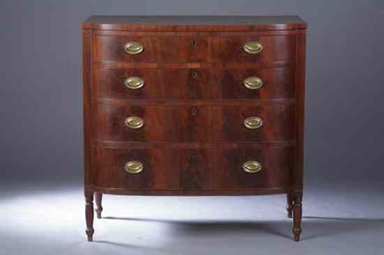 Appraisal: AMERICAN LATE SHERATON FLAME MAHOGANY BOW-FRONT CHEST-OF-DRAWERS th century Four