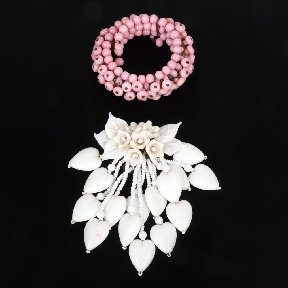 Appraisal: EARLY UNSIGNED MIRIAM HASKELL WHITE GLASS BEADED FLORAL PIN CLIP