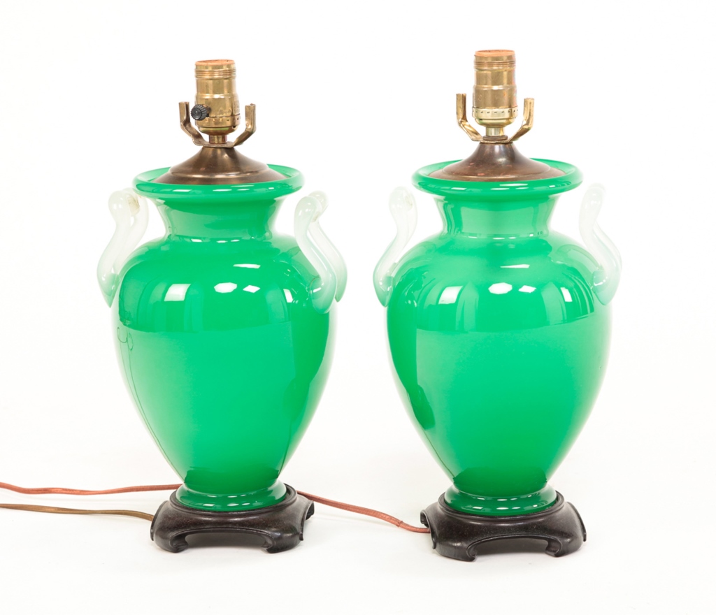 Appraisal: First half th century Green jadeite urn shaped lamps with