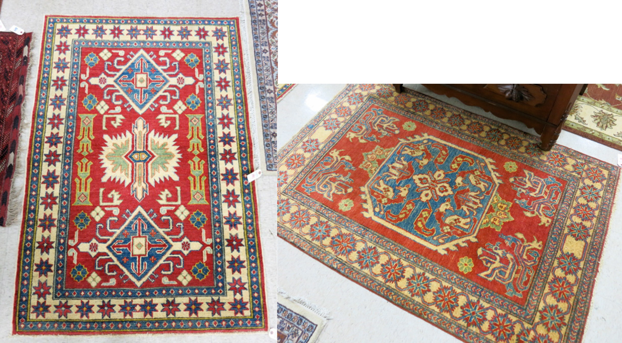 Appraisal: TWO HAND KNOTTED ORIENTAL AREA RUGS Pakistani Caucasians geometric and