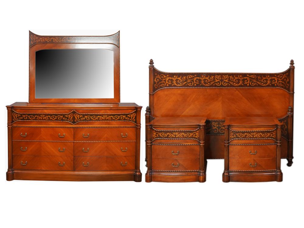 Appraisal: MARQUETRY INLAID BEDROOM SETcomprising a dresser inches wide inches deep