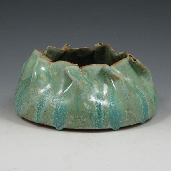 Appraisal: Clark House Pottery green drip basket with drip feet Signed