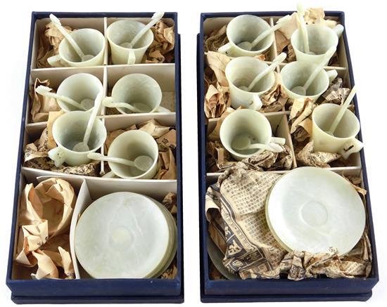 Appraisal: ASIAN Carved hardstone teacups saucers and spoons thirty-six pieces twelve