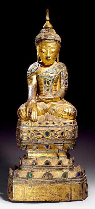 Appraisal: SEATED MEDICINE BUDDHA Burma th century H cm Wood with