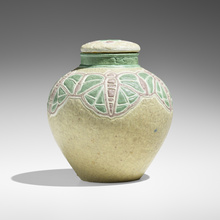 Appraisal: Grueby Faience Company IMPORTANT COVERED JAR WITH MOTHS USA -