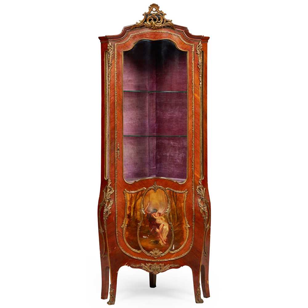 Appraisal: FRENCH KINGWOOD AND VERNIS MARTIN SERPENTINE CORNER VITRINE CABINET LATE