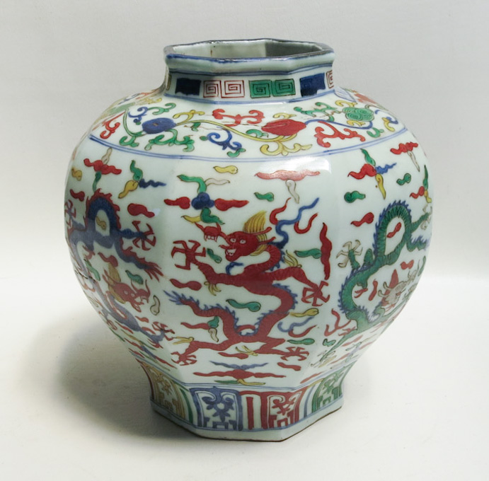 Appraisal: CHINESE MING STYLE PORCELAIN VASE octagonal form with Wacai enamel