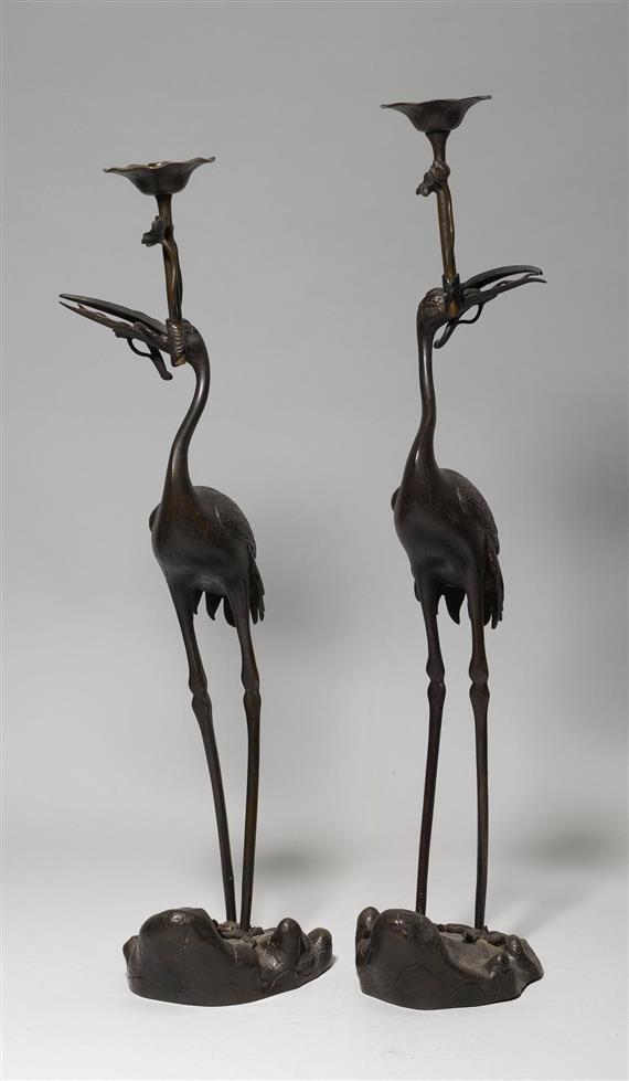 Appraisal: PAIR OF CANDLESTICKS IN THE FORM OF CRANES Japan Meiji