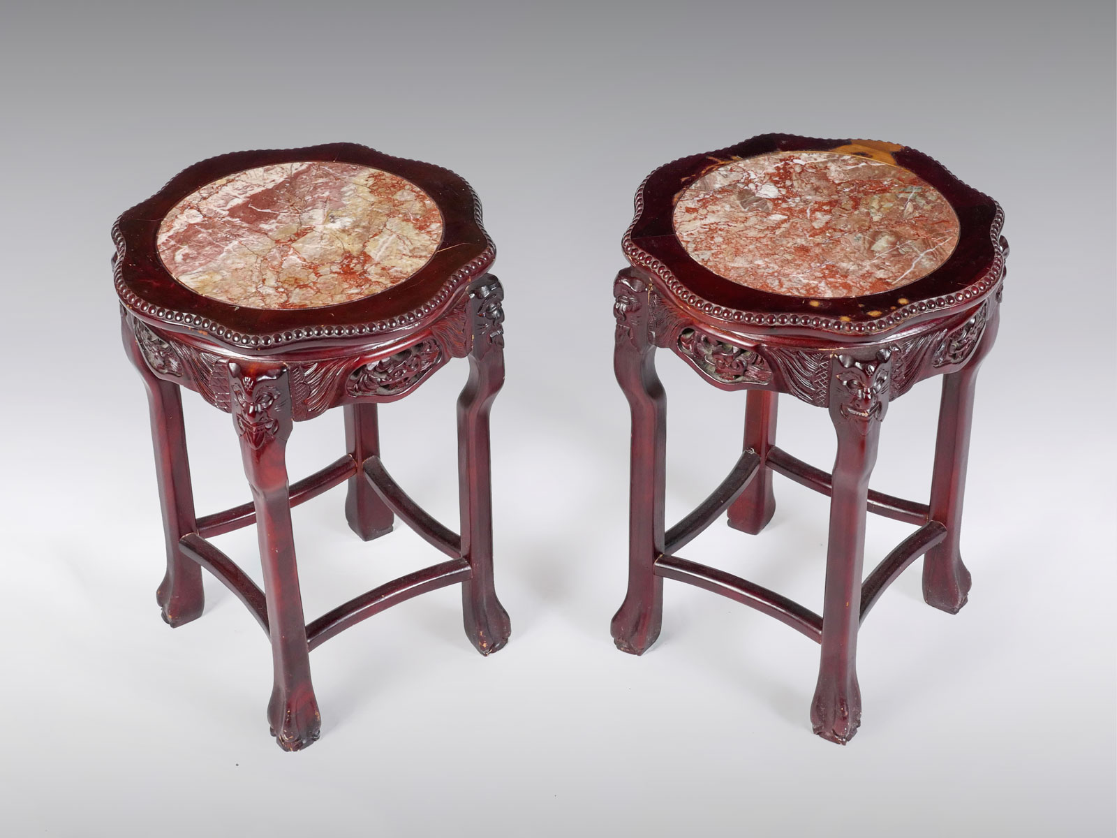 Appraisal: PAIR OF LOW CARVED CHINESE JARDINIERE STANDS WITH MARBLE TOP