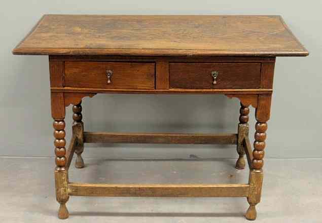 Appraisal: English William Mary oak table with two drawers turned legs