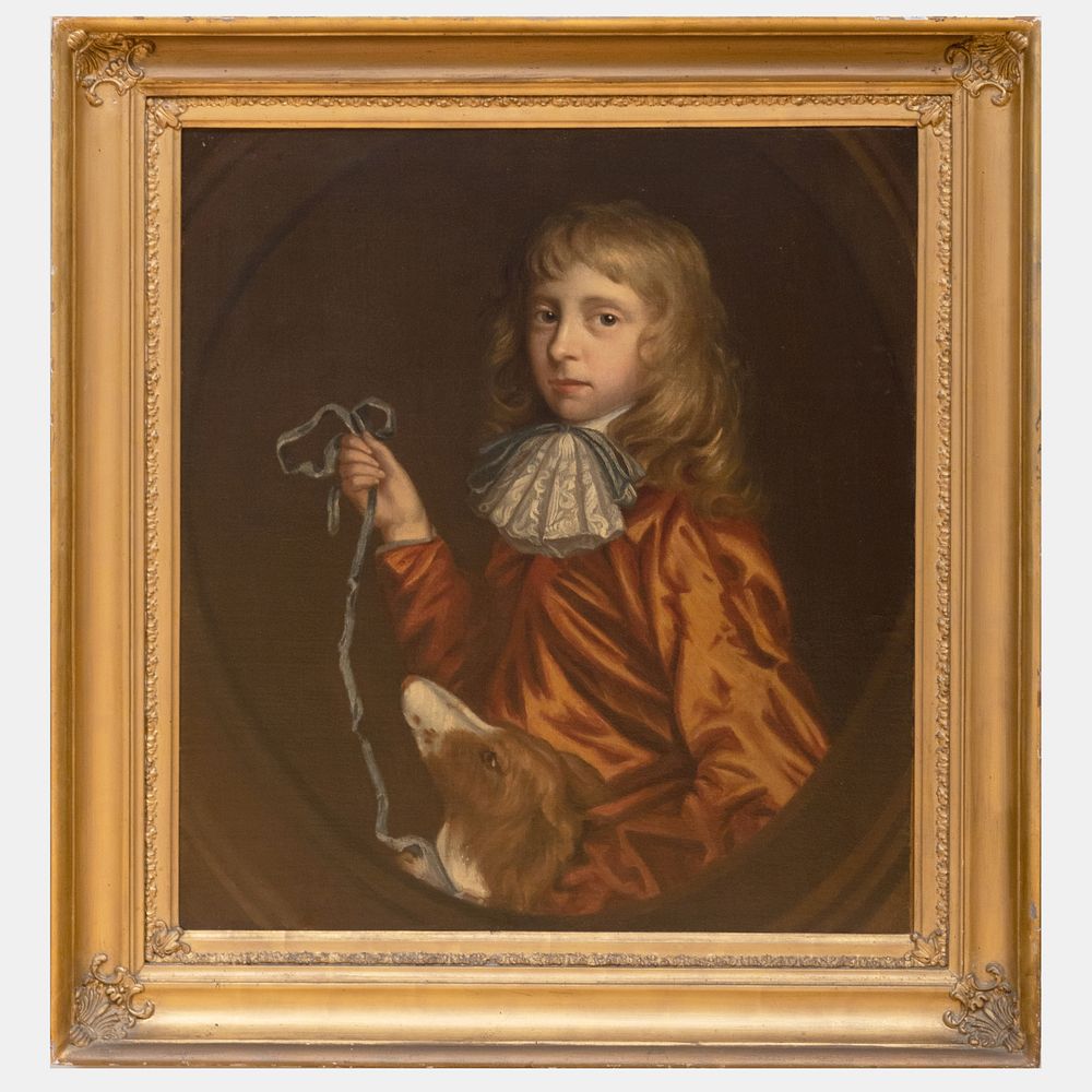 Appraisal: European School Portrait of a Boy and Dog Oil on