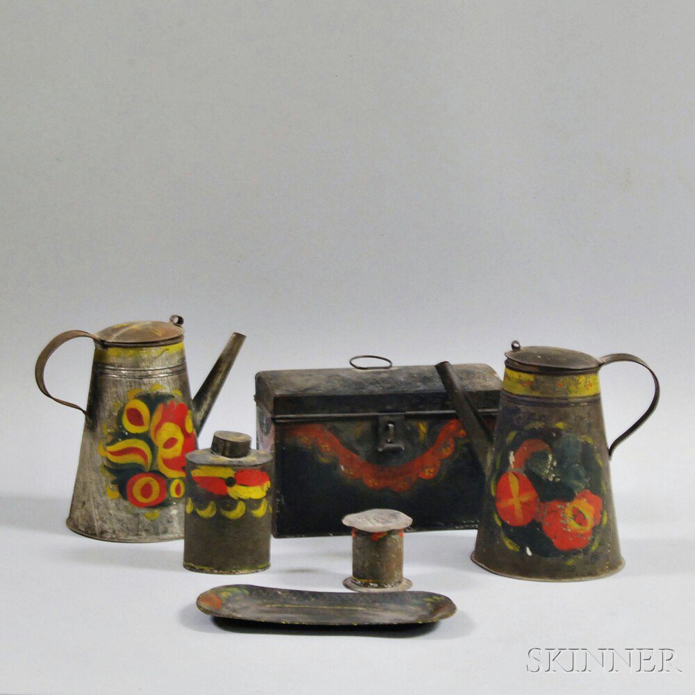 Appraisal: Six Pieces of Tole America th century two floral-decorated coffeepots