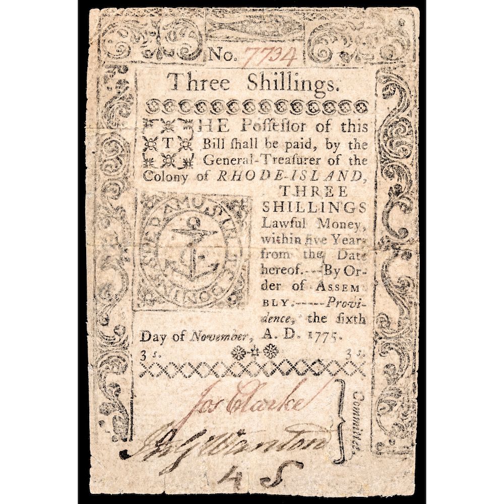 Appraisal: Colonial Currency RI November sThree Shillings Very Fine Rhode Island