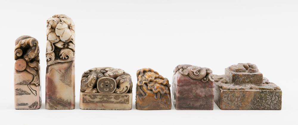 Appraisal: SIX CHINESE WELL-CARVED SOAPSTONE SEALS MING DYNASTY AND EARLIER HEIGHTS