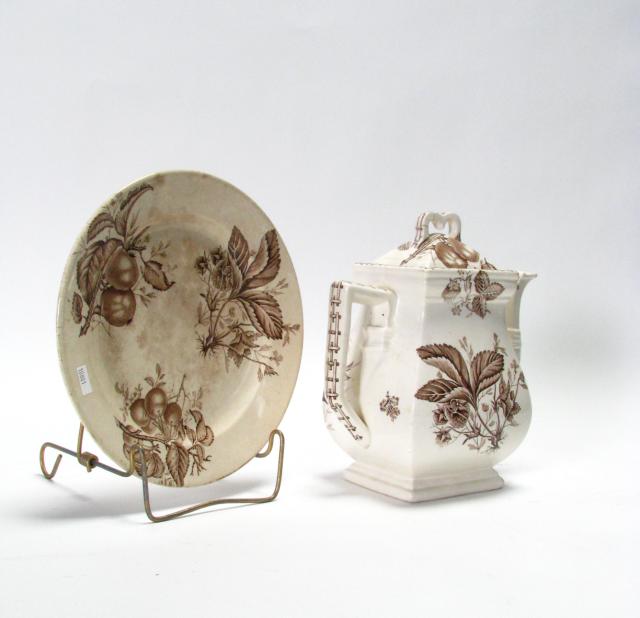 Appraisal: Ironstone brown transferware coffee pot fruit motif '' tall to