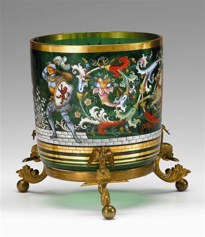 Appraisal: Bohemian enameled glass cachepot late th century The green glass