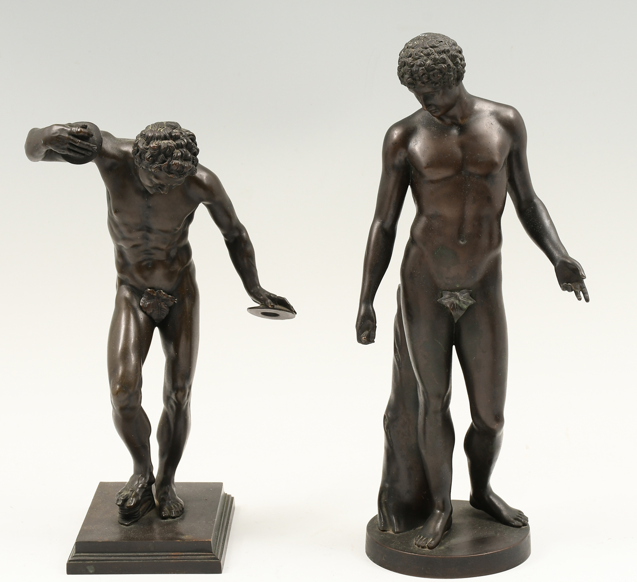 Appraisal: TWO PIECE MALE NUDE BRONZE LOT Narcissus '' h probably