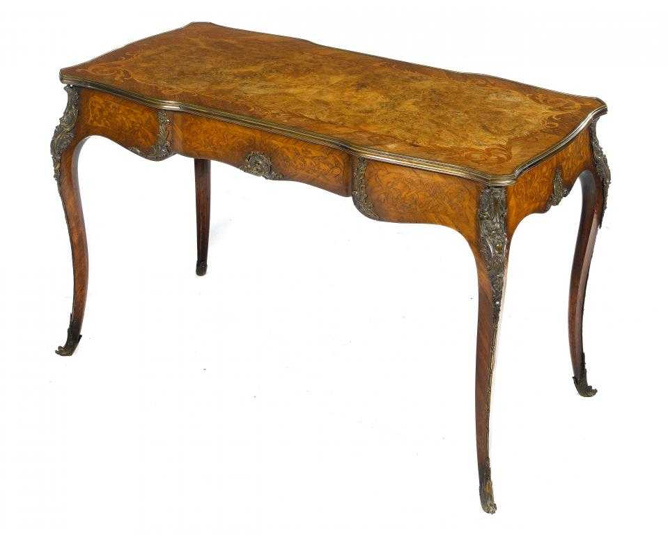 Appraisal: A VICTORIAN ORMOLU-MOUNTED KINGWOOD ROSEWOOD AND MARQUETRY TABLE the burr