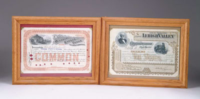 Appraisal: LOT OF TWO RAILROAD STOCK CERTIFICATES Stock certificates for Lehigh