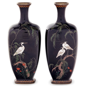 Appraisal: A Pair of Black Ground Cloisonn Vases BY MIWA TOMISABURO