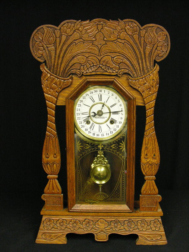 Appraisal: NEW HAVEN DAY GINGER BREAD OAK CLOCK Flower motif Circa