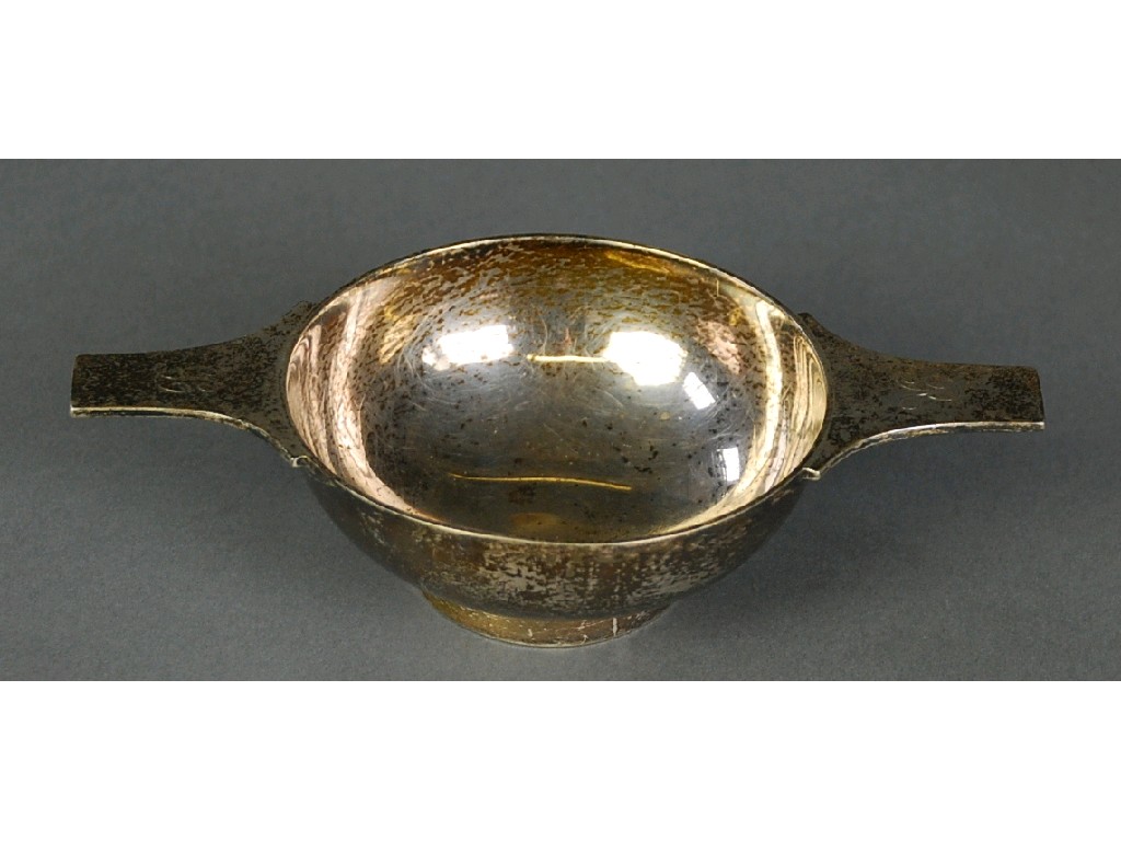 Appraisal: SCOTTISH SILVER QUAICHE SHAPED BOWL plain with initialled handles cm