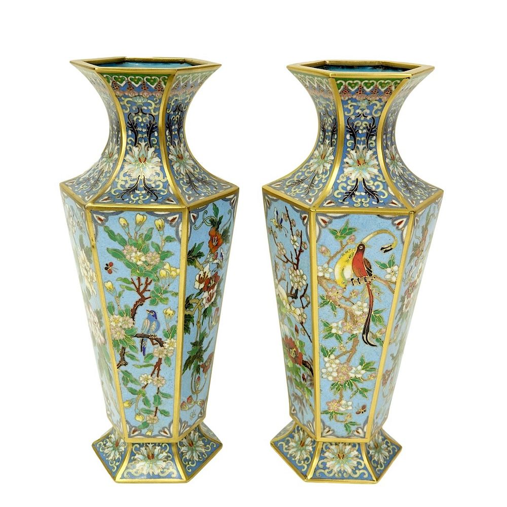 Appraisal: Cloisonne Vases Pair of Chinese Cloisonne Enamel Hexagonal Vases Birds