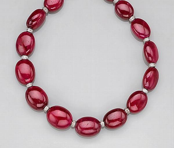 Appraisal: A ruby bead and diamond necklace estimated total ruby weight