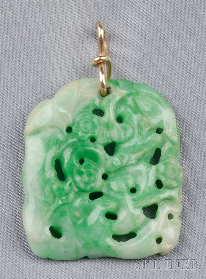 Appraisal: Carved Jadeite Pendant depicting birds and flowers kt gold bail