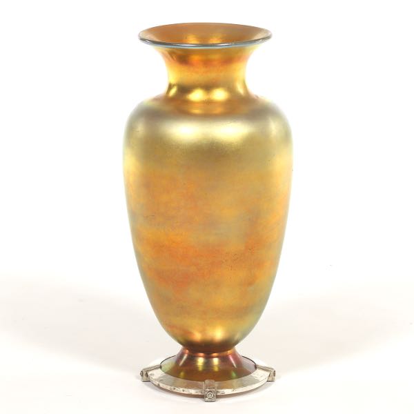 Appraisal: MONUMENTAL FREDERICK CARDER FOR STEUBEN GOLD AURENE VASE WITH STERLING