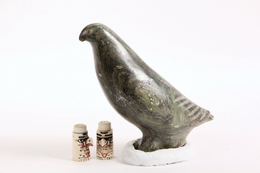 Appraisal: INUIT SCULPTURE W SALT PEPPER SHAKERS - Green Soapstone Carving